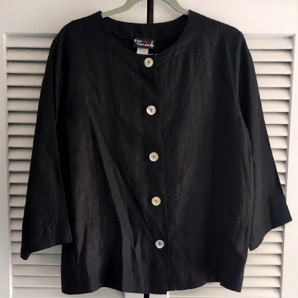 Vintage boxy square Linen Jacket Top Medium Black Nubby Texture Fabric Natural